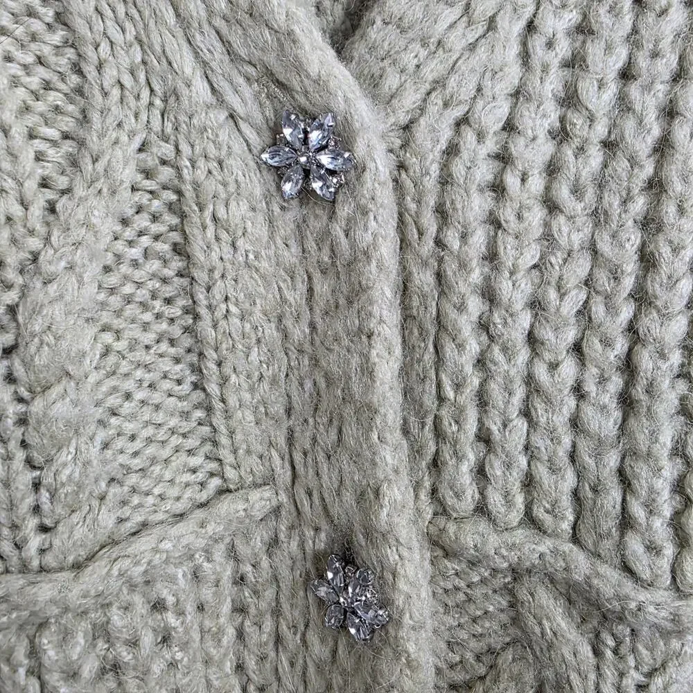 Zara Jeweled Button Chunky Knit Cardigan Blogger Favorite Sage Medium